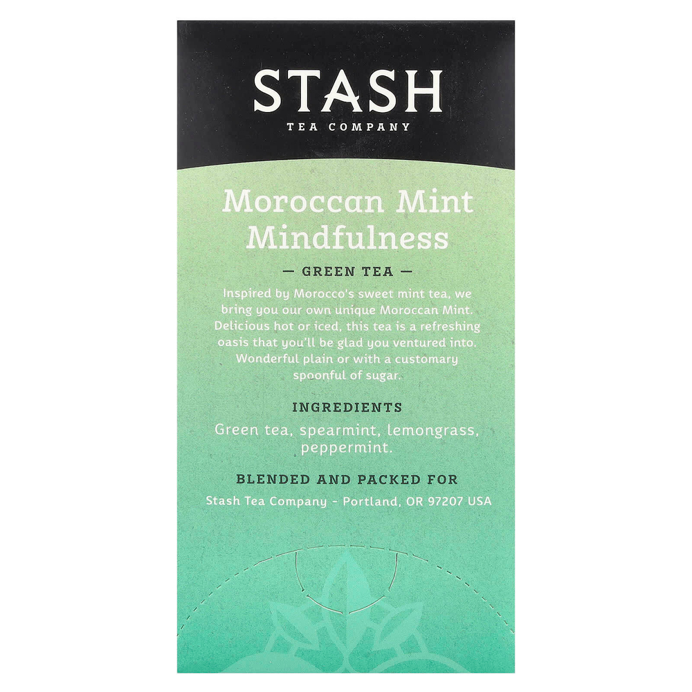 Stash Tea, зеленый чай, марокканская мята и осознанность, 20 чайных пакетиков, 26 г (0,9 унции)
