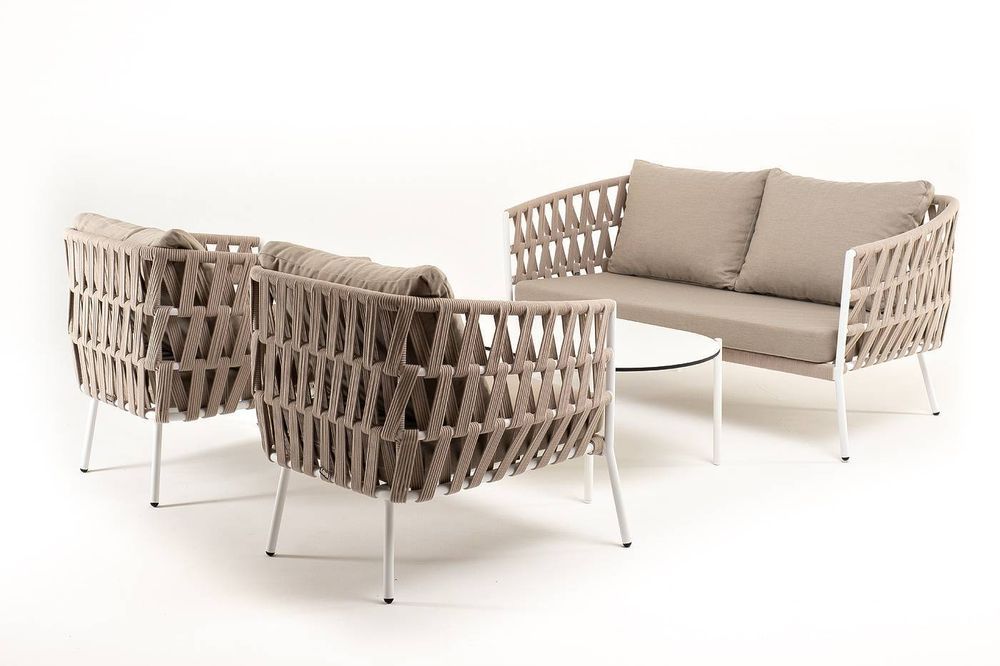 "Диего" лаунж-зона 4-местная плетеная из роупа (веревки), каркас алюминиевый белый, роуп бежевый