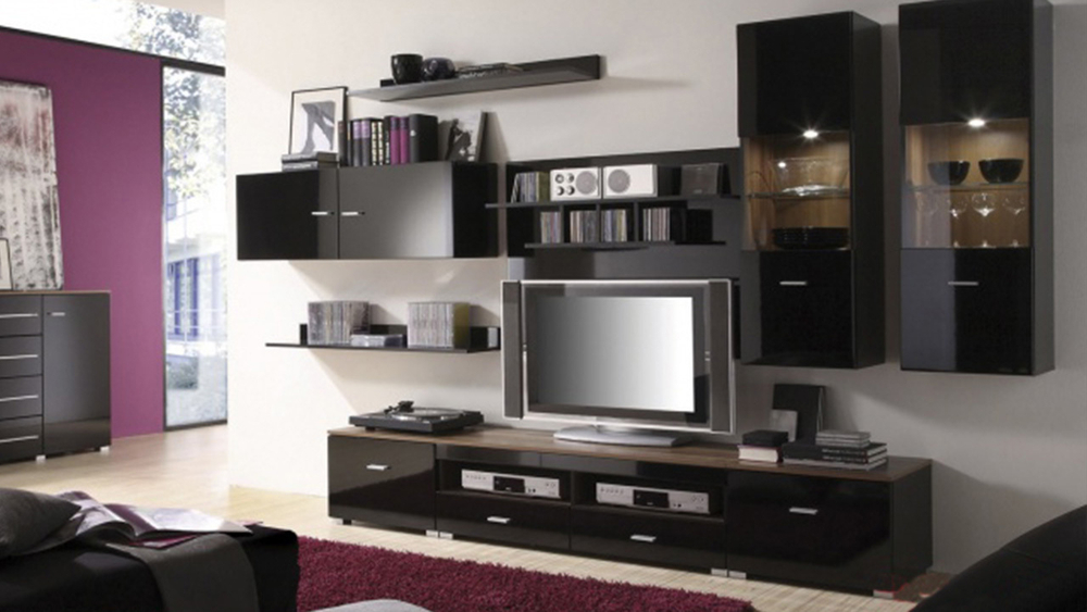 Гостиная Джанг МДФ (черная) / Дуб Экспресив Бронзовый K090 310*48*200 см, Черный, Дуб Экспресив Бронзовый   Фиеста