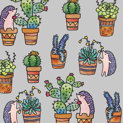 Акварельные кактусы, суккуленты и ежики на сером