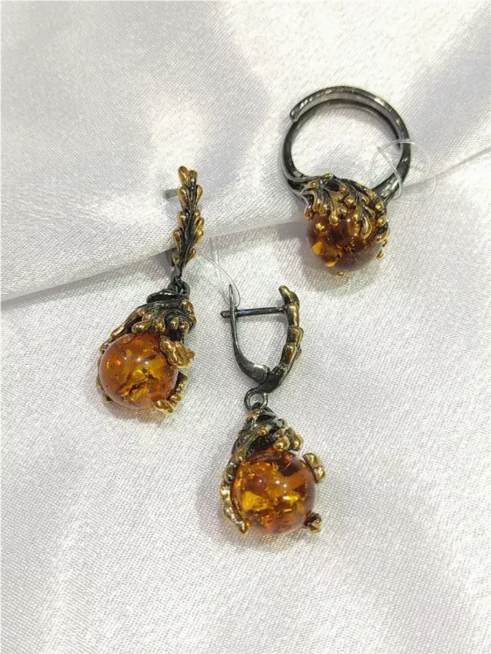 Кольцо Серебро 925 с натуральным янтарем и эмалью