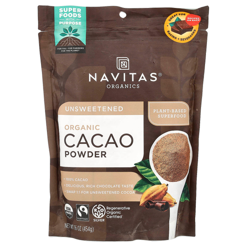 Navitas Organics, органический какао-порошок, без подсластителей, 454 г (16 унций)