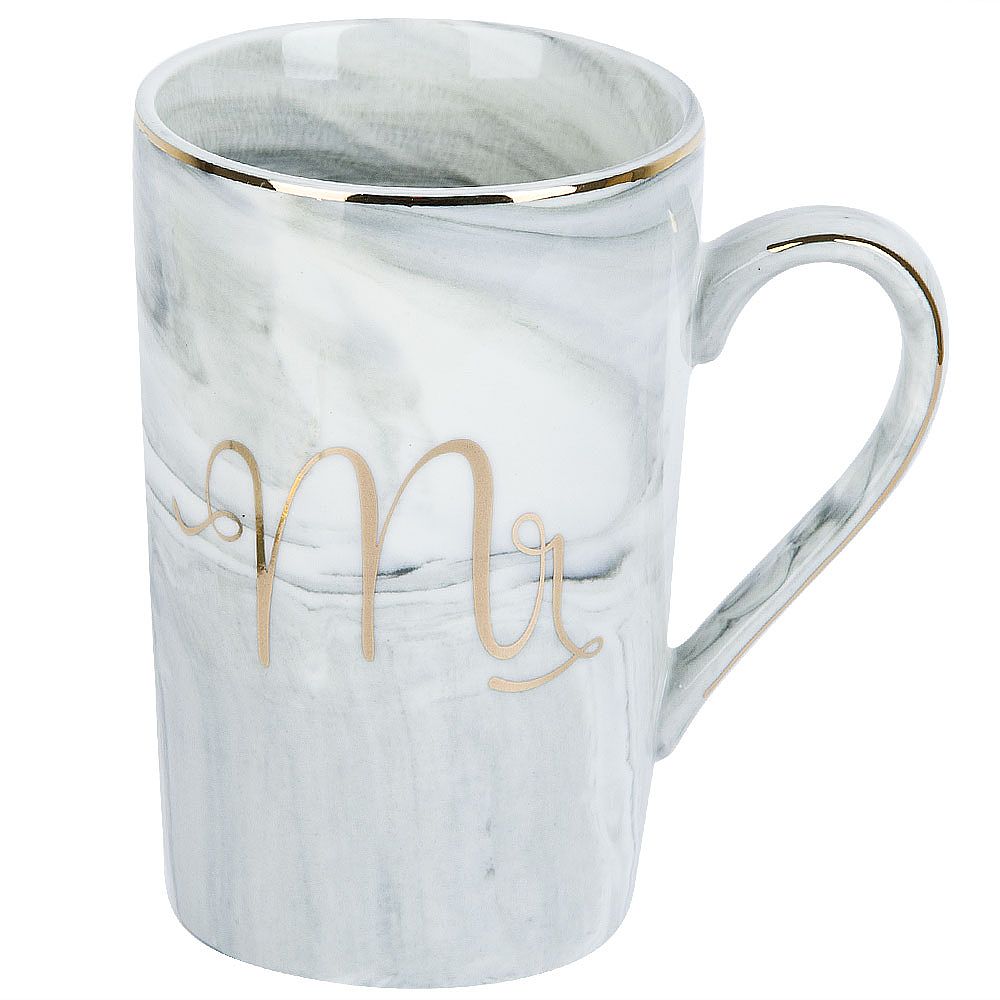 Кружка фарфоровая с крышкой и ложкой "Mr" (серая) v=380 мл (подарочная упаковка)