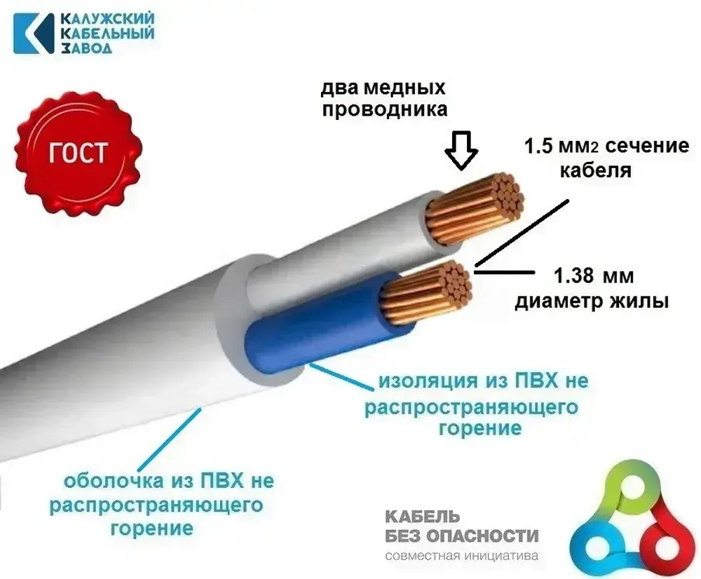 Провод ПВС 2х1.5 ГОСТ 10 метров Калужский кабельный завод