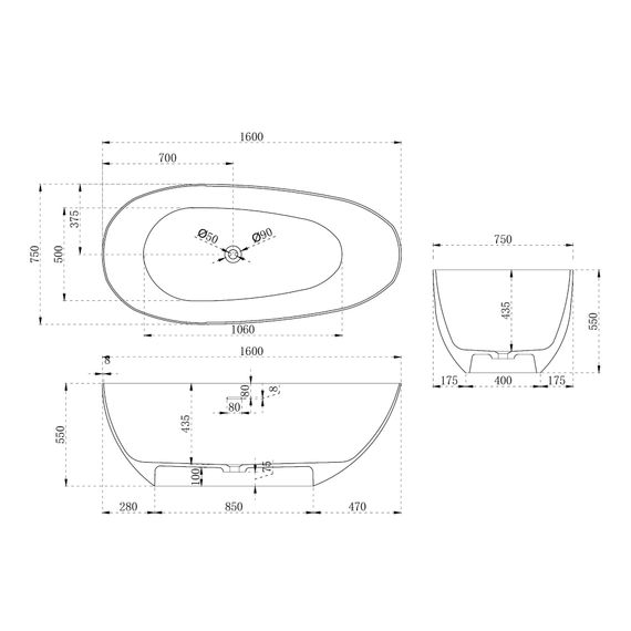 Ванна из искусственного камня ABBER Stein AS9611-1.6 белая матовая