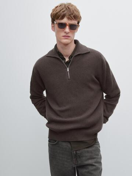 Massimo Dutti Вязаный свитер с воротником-стойкой на молнии, коричневый
