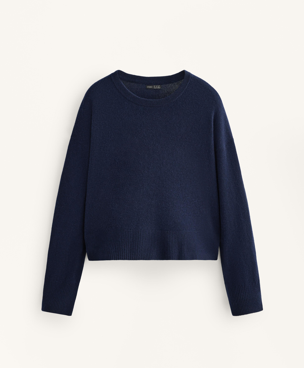Oysho Джемпер с круглым вырезом из 100% кашемира, темно-синий