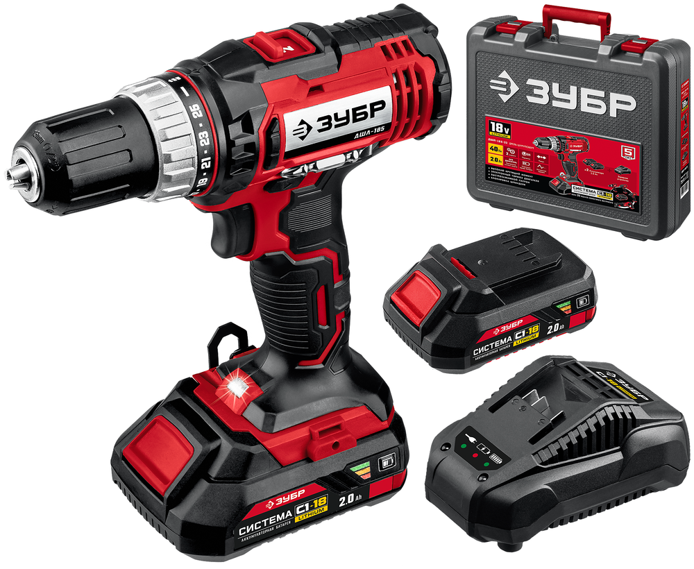 Дрель-шуруповерт акк ЗУБР ДШЛ-185-22 18В, 2 АКБ (2Ач) в кейсе