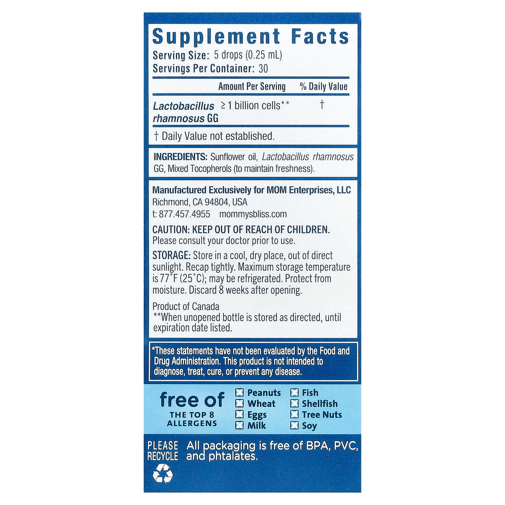 Mommy's Bliss, пробиотические капли для малышей, для ежедневного здоровья пищеварительной системы, с рождения, 10 мл (0,34 жидк. унции)