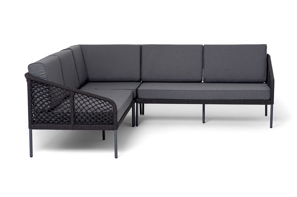 "Канны" диван модульный плетеный из роупа (узелки), каркас алюминий темно-серый (RAL7024) муар, роуп темно-серый круглый, ткань темно-серая 027