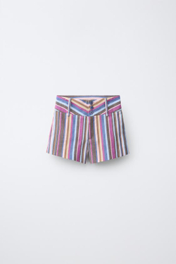 ZARA ШОРТЫ В ПОЛОСКУ С ШИРОКИМ ПОЯСОМ, КОРИЧНЕВО-СИНИЙ