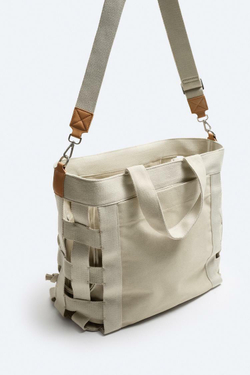 ZARA ПЛЕТЕНАЯ ХОЛЩОВАЯ СУМКА-ШОПЕР, БЕЛЫЙ ЭКРЮ