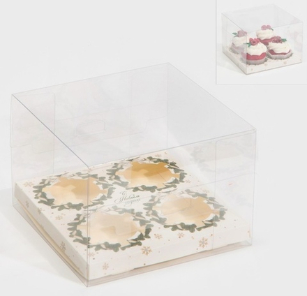 Коробка для капкейков на 4шт "Веночки" с прозрачным куполом 16х16х11,5 см