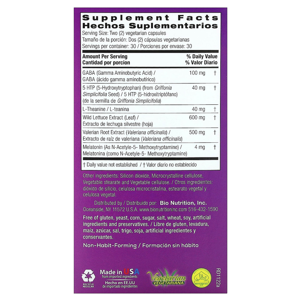 Bio Nutrition, Здоровье сна с экстрактом дикого салата, 60 вегетарианских капсул