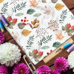 Ткань оксфорд 600 крупные листья, брусника и цветы