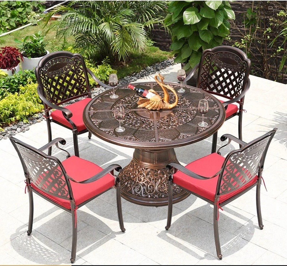 Обеденный комплект из литого алюминия стол Сандаловое дерево(118см) + 4 кресла Вулкан-2