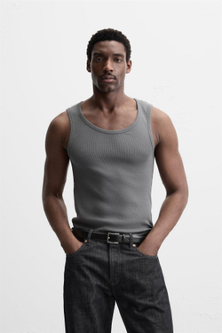 ZARA МАЙКА БЕЗ РУКАВОВ В РУБЧИК, СЕРО-СИНИЙ