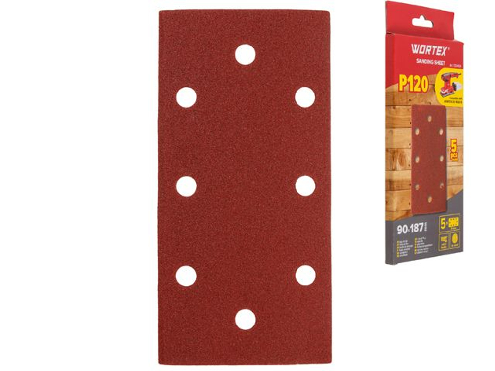 Шлифлист 90х187 мм Р120 д/дерева самосцепл. 8 отв. 5 шт. WORTEX