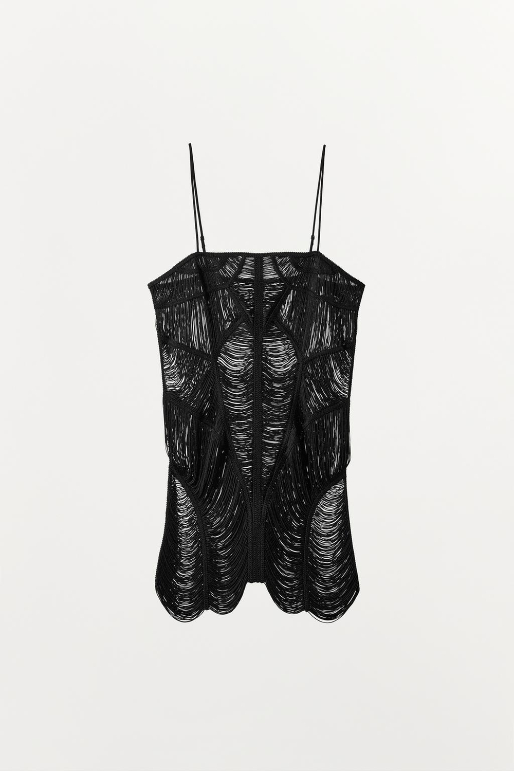 ZARA МИНИ-ПЛАТЬЕ С БАХРОМОЙ, ЧЕРНЫЙ