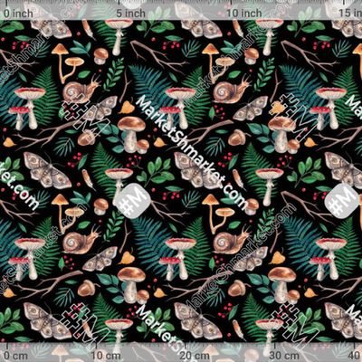 Акварельный лес с улиткой, мухоморами, мотыльком и папоротниками by Loft Bat 229 DPI