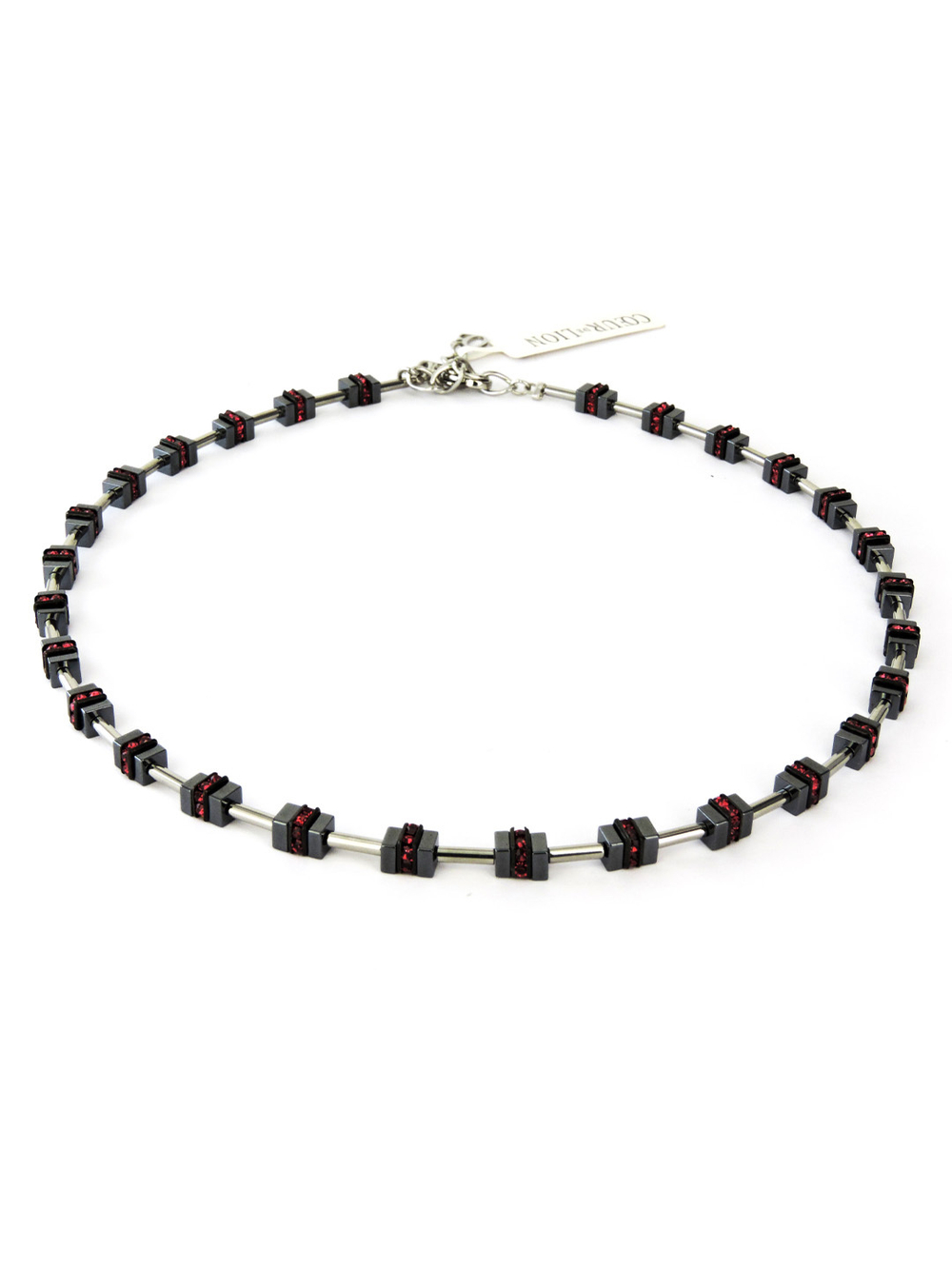 4647 Coeur de Lion - дизайнерское колье с кристаллами Сваровски.  Металл, гематит и стразы гранатового оттенка.