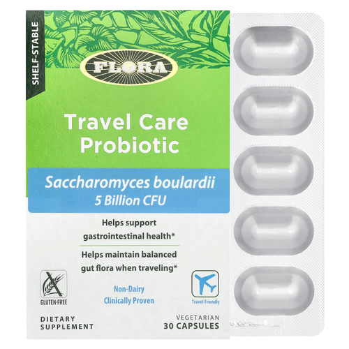 Flora, Пробиотик Travel Care, 5 миллиардов КОЕ, 30 вегетарианских капсул