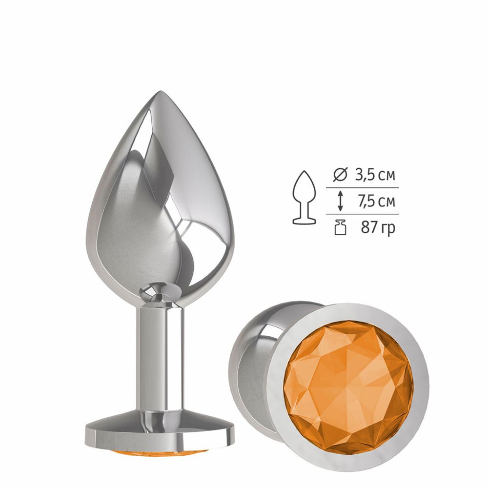 523-10 ORANGE-DD / Анальная втулка Silver с оранжевым кристаллом средняя