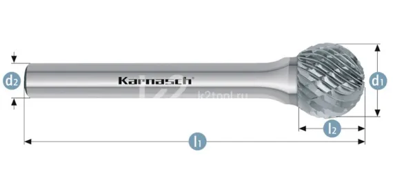 Борфреза твердосплавная Karnasch форма D (сфера), 2х1,8х3х38 мм, универсальная насечка HP-3, без покрытия, арт. 11.3031-020