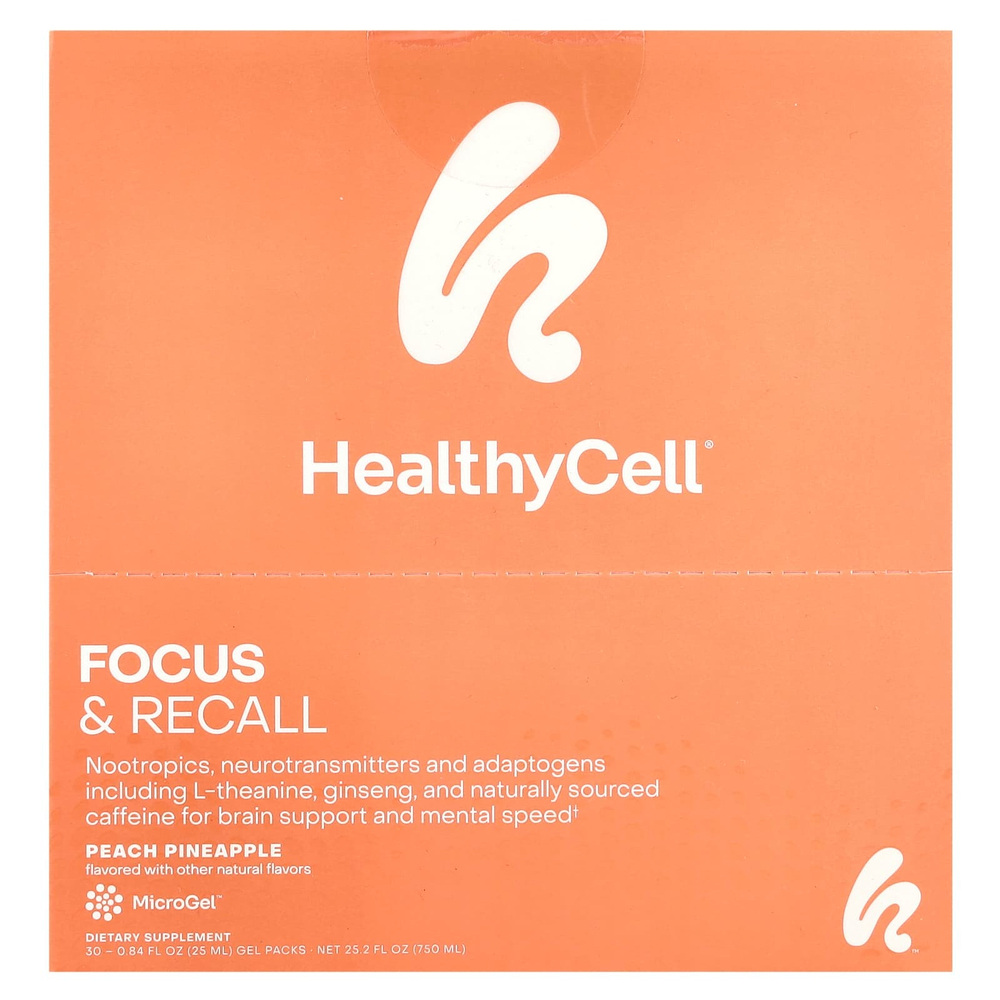 HealthyCell, Focus & Recall, персиковый ананас, 30 гелевых пакетиков по 25 мл (0,84 жидк. Унции)