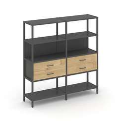 Shelf System Двухсекционный стеллаж четырехярусный с ящиками SN.STM-422 Антрацит/Тиквуд Светлый/Мета