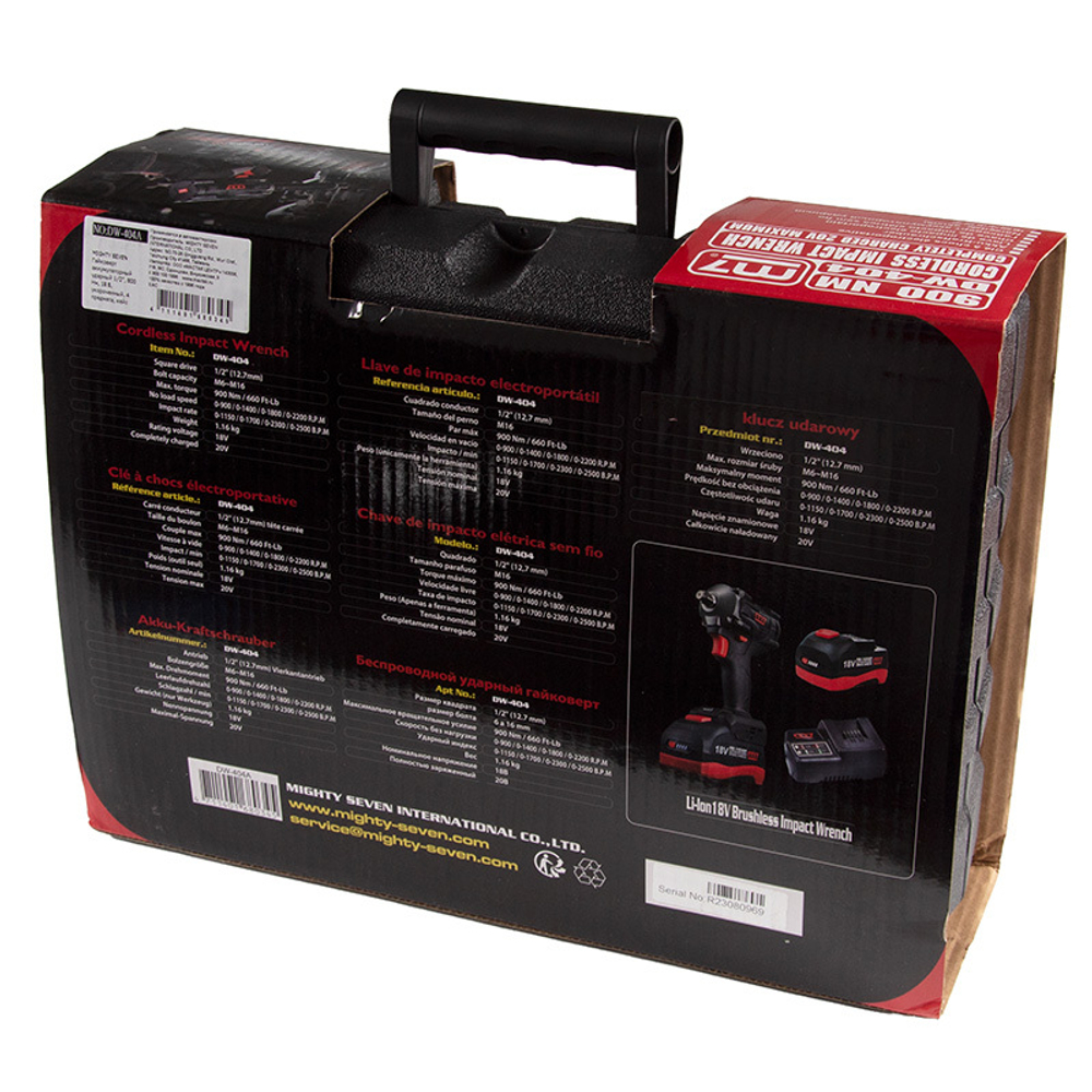 MIGHTY SEVEN (DW-404A) Гайковерт аккумуляторный ударный 1/2", 900 Нм, 18 В, укороченный, кейс