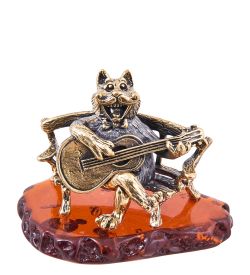 Народные промыслы AM-3862 Фигурка «Кот Гитарист» (латунь, янтарь)