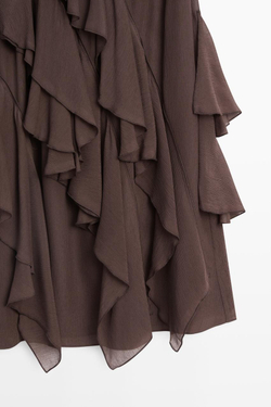 Massimo Dutti Струящаяся юбка миди с оборками, шоколадный
