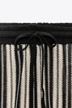 ZARA БРЮКИ В ПОЛОСКУ ИЗ ЛЬНЯНОЙ ТКАНИ С МАНЖЕТАМИ, ЭКРЮ / ЧЕРНЫЙ