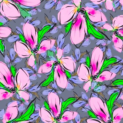 Акварельные розовые цветы на сером фоне