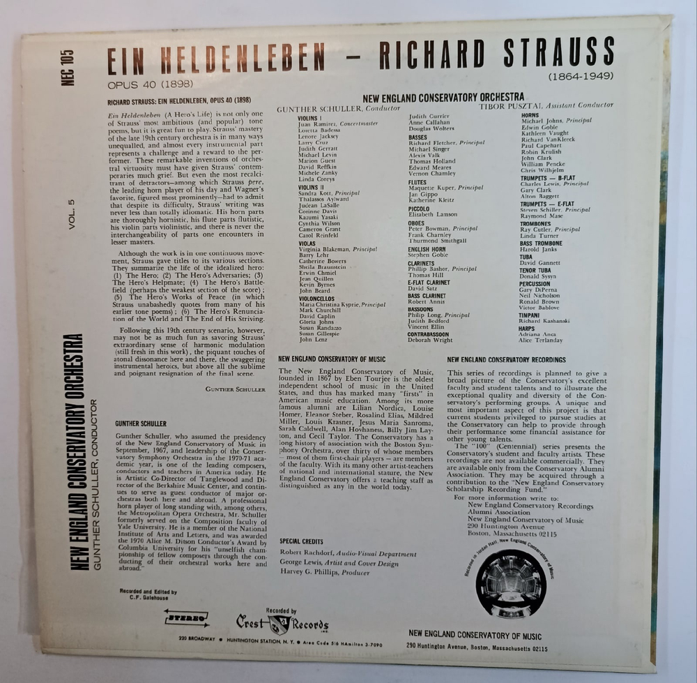 New England Conservatory Symphony Orchestra Gunther Schuller Vol 5 Ein Heldenleben (Opus 40)