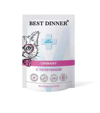 Влажный корм паучи для кошек Best Dinner Vet Profi Urinary 0,085кг телятина кусочки в соусе влажный (для профилактики мочекаменной болезни). 24 упаковки
