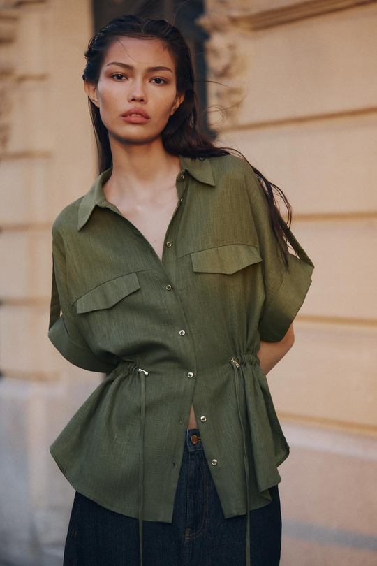 ZARA РУБАШКА В СТИЛЕ САФАРИ ИЗ СМЕСОВОГО ЛЬНА, ХАКИ