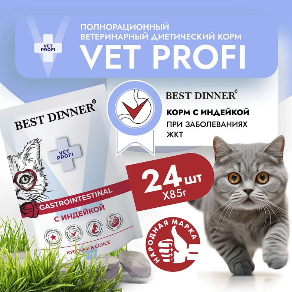 Влажный корм для кошек пауч Best Dinner Vet Profi Gastro Intestinal 0,085кг индейка кусочки в соусе (при заболеваниях ЖКТ). 24 упаковки