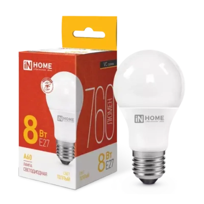 Лампа светодиодная LED-A60-VC 8Вт 230В Е27 3000К ТЕПЛЫЙ 760Лм IN HOME