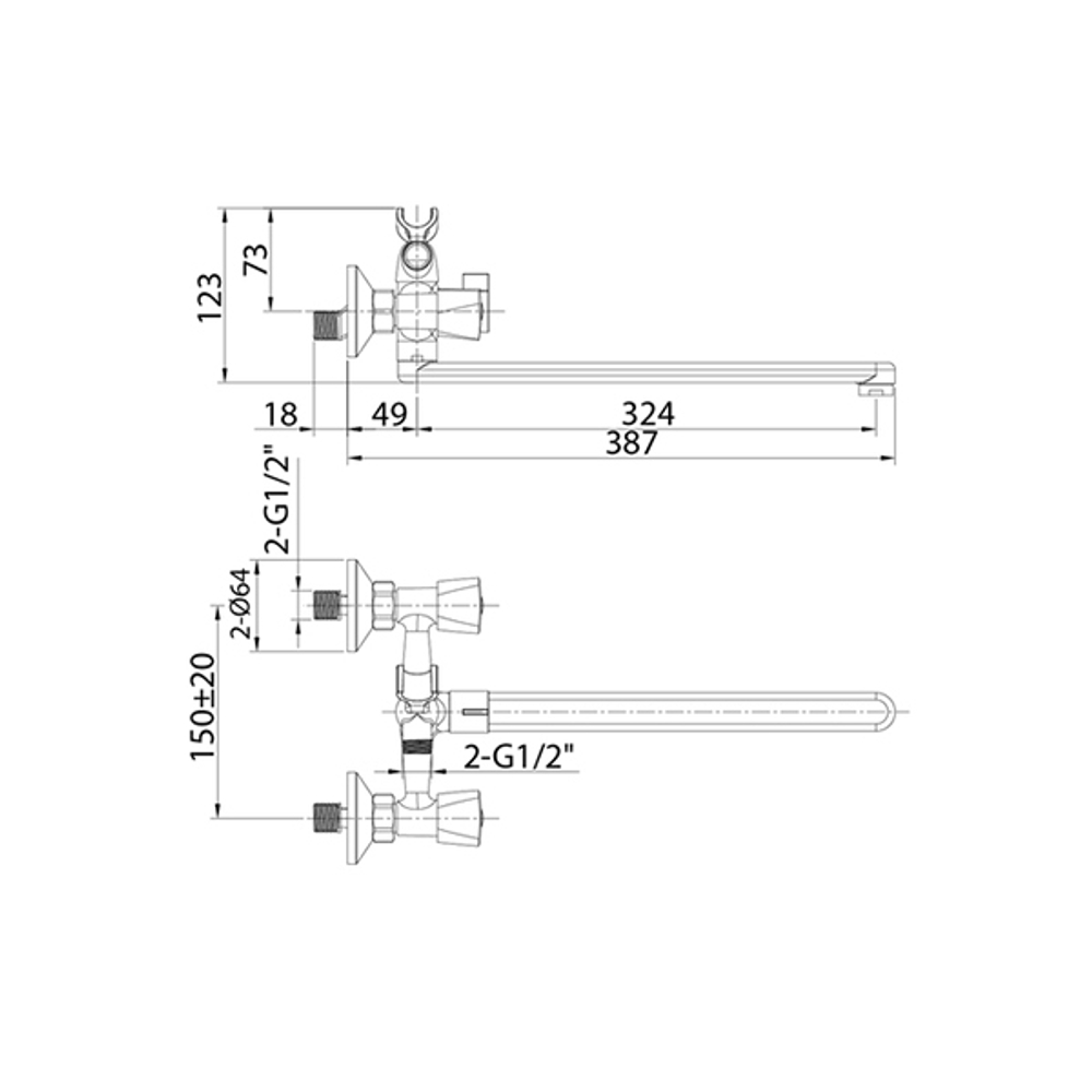 Смеситель для ванны и раковины 1/2 кер Milardo TRISBL2M10 "Tring"излив 324мм с аксесс. ХРОМ