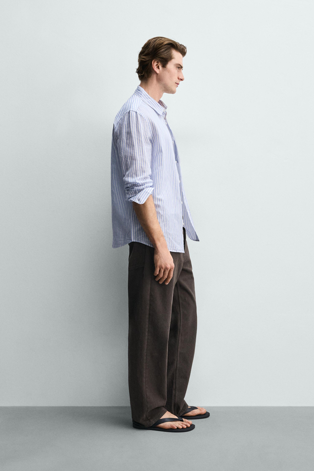 ZARА РУБАШКА REGULAR FIT ИЗ ЛЬНА И ХЛОПКА, СИНИЙ/БЕЛЫЙ