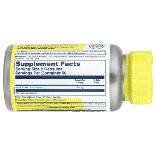 Solaray, Органический лопух, 100 органических капсул (485 мг на капсулу)
