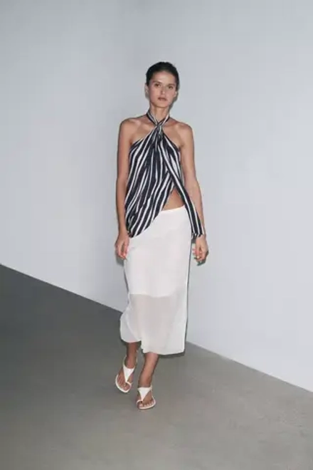 ZARA ЮБКА МИДИ ИЗ ПОЛУПРОЗРАЧНОЙ ТКАНИ ZW, ЖЕЛТОВАТО-БЕЛЫЙ