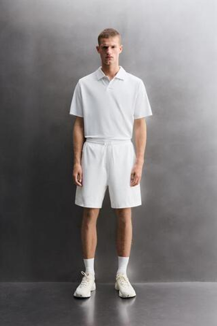 ZARA СПОРТИВНЫЕ ШОРТЫ ИЗ СМЕСОВОГО ХЛОПКА 9", БЕЛЫЙ