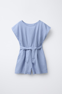 ZARA КОМБИНЕЗОН ИЗ СМЕСОВОГО ЛЬНА С ЗАВЯЗКАМИ, СИНИЙ