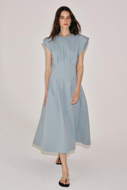 ZARA ПЛАТЬЕ ИЗ ПОПЛИНА СО СКЛАДКАМИ — ZW COLLECTION, СЕРО-СИНИЙ