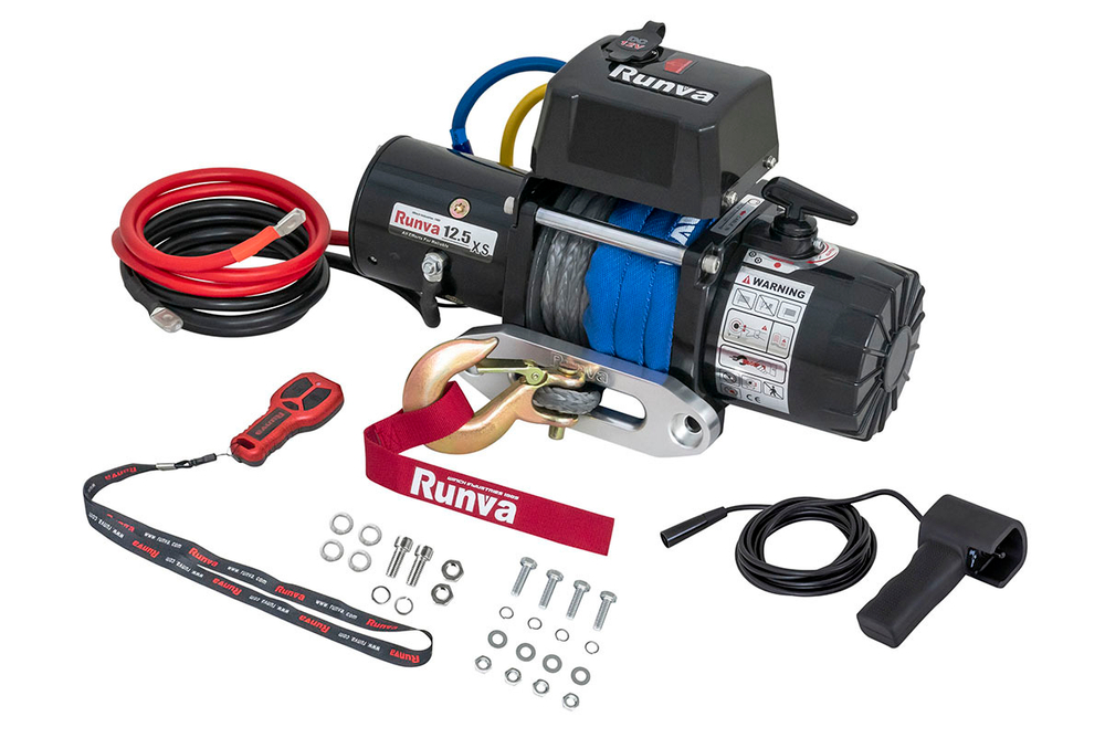 Лебёдка электрическая 12V Runva 12500 lbs 5670 кг короткий барабан, синтетический трос