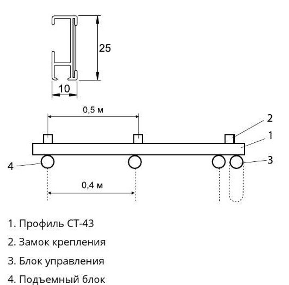 Карниз для римских штор легкого веса СТ-432002 с веревочным управлением, длина 210 см