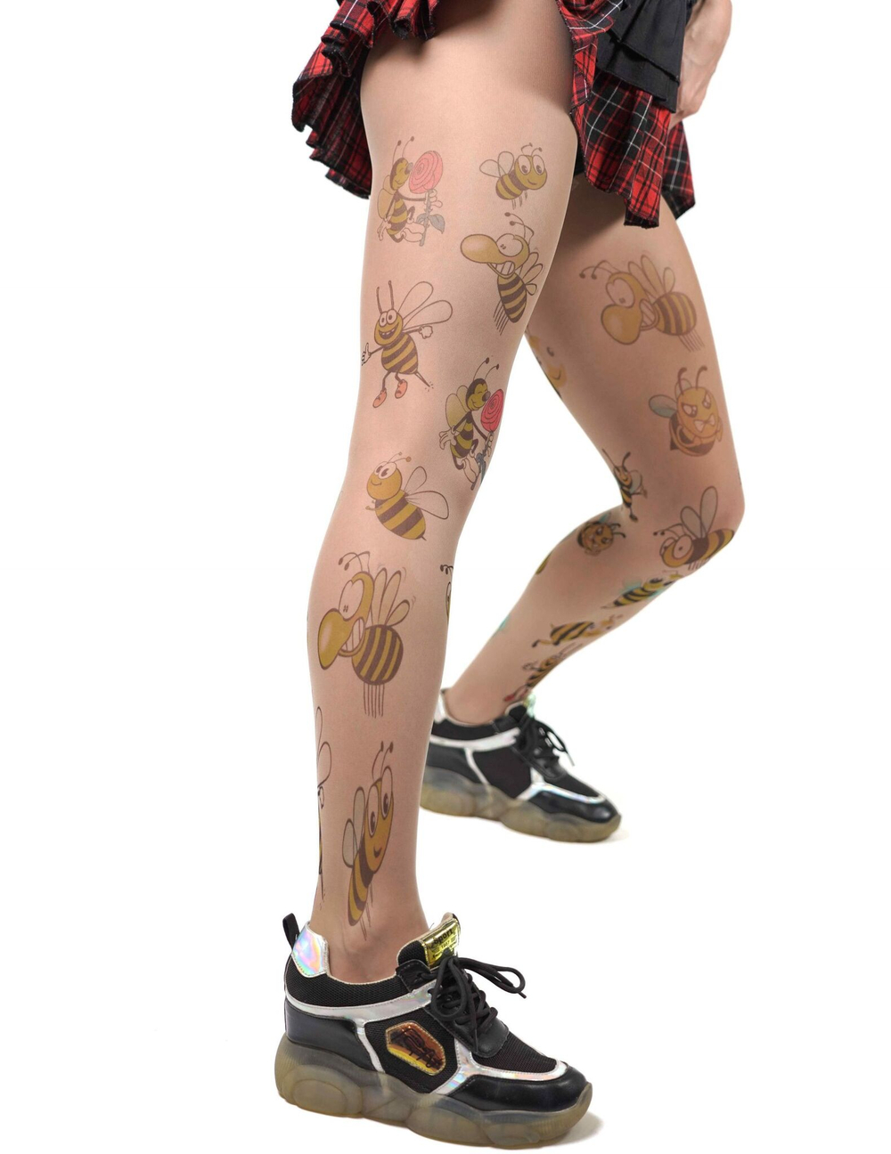 Озорные колготки с цветным принтом в виде пчёлок (Размер: S-M-L) (Цвет: бежевый)